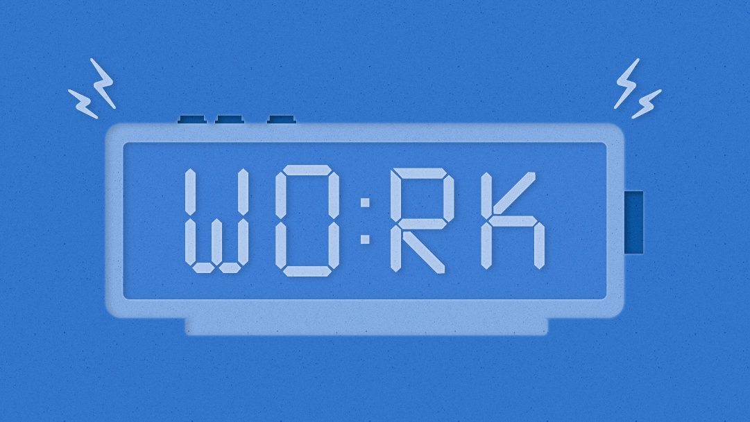Illustration of an alarm clock that reads "WO:RK"