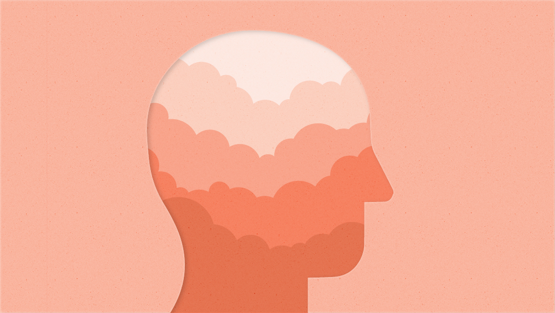 An outline of a person's head with a white cloud layer shifting to a light peach and progressing into darker shades of peach