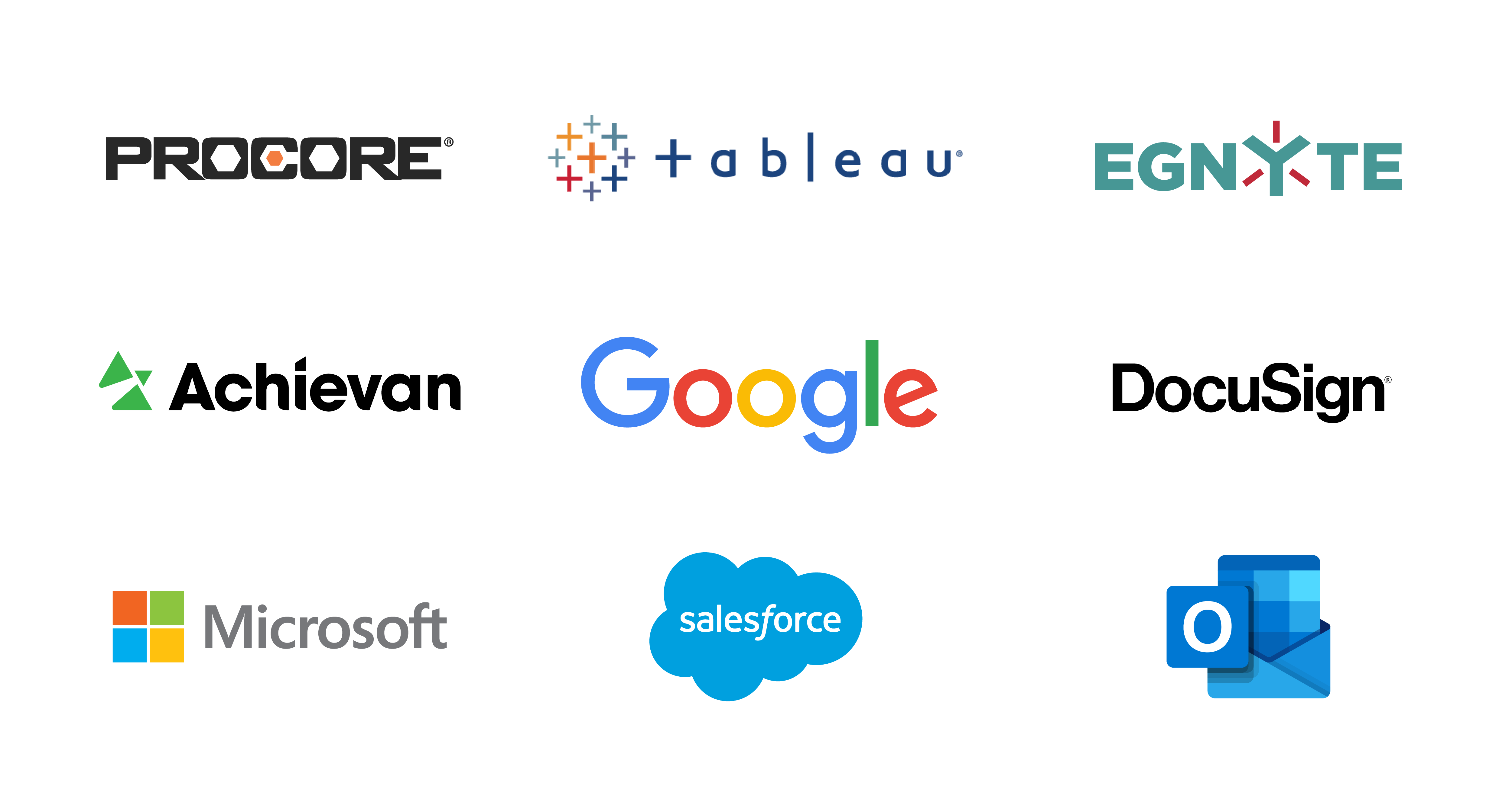 Smartsheet construction solutions integrate with Procore, Tableau, Egnyte, Achievan, Google, DocuSign, Microsoft, Salesforce and Outlook