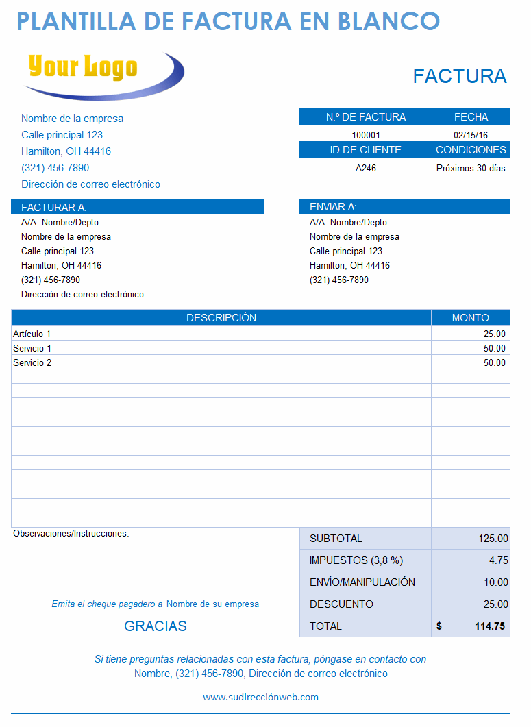 Plantilla de factura en blanco