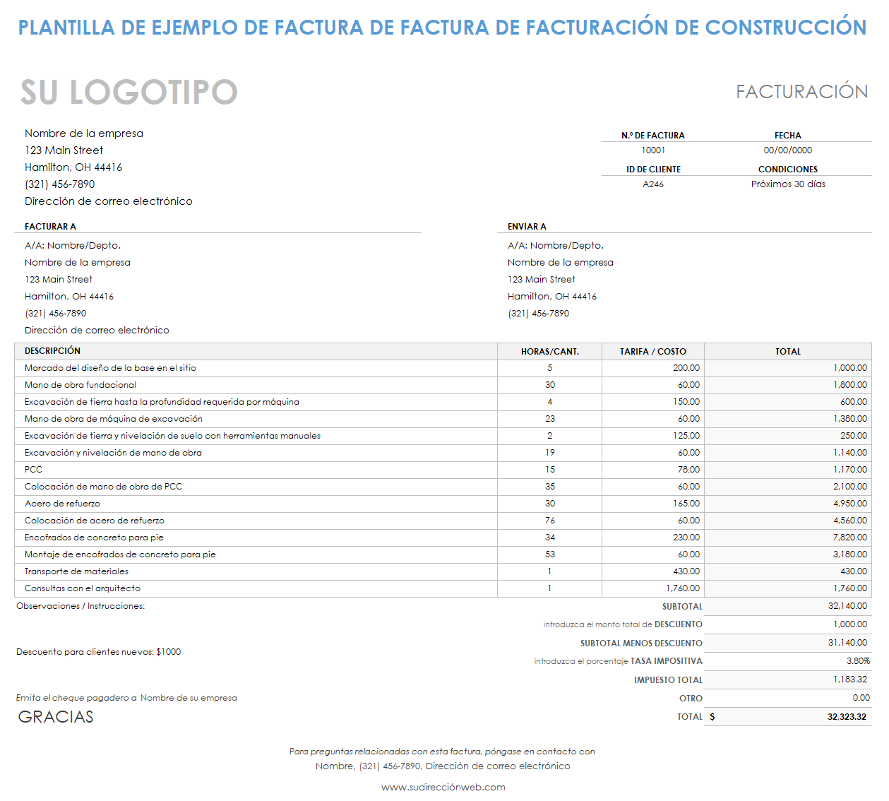 Ejemplo de factura de facturación de construcción