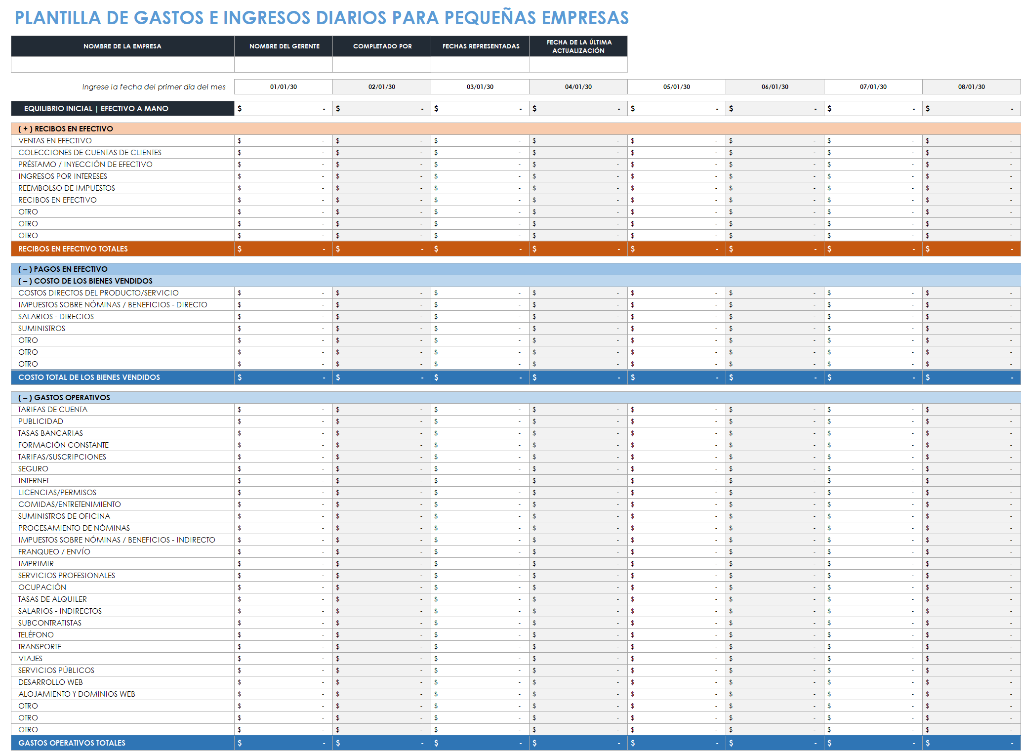Plantilla de ingresos y gastos diarios para pequeñas empresas