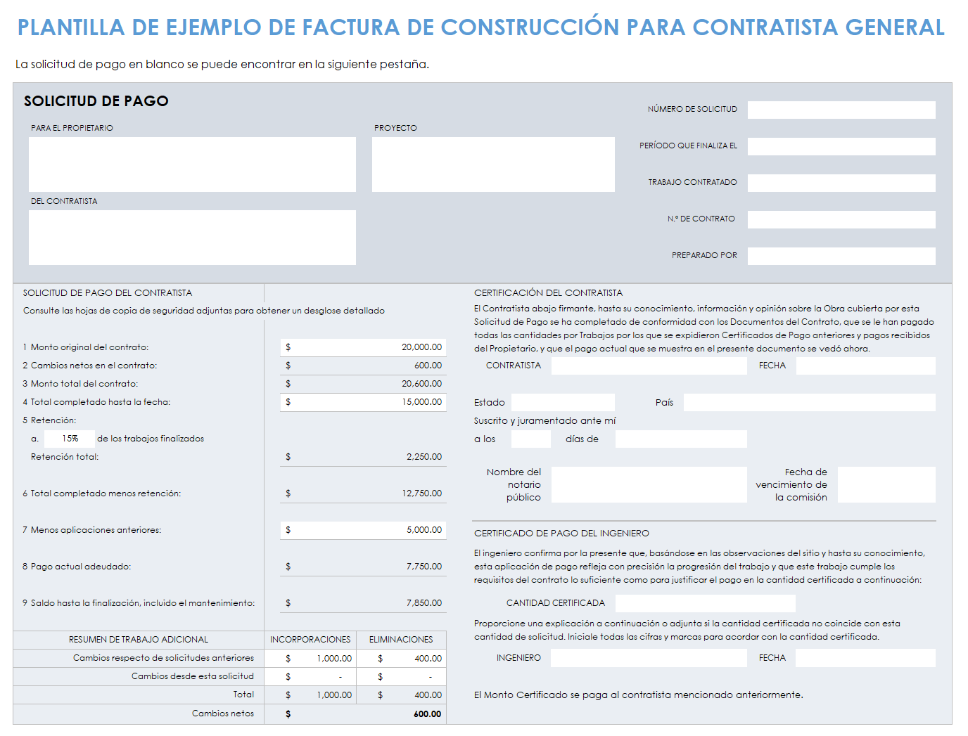 Muestra de factura de construcción de contratista general