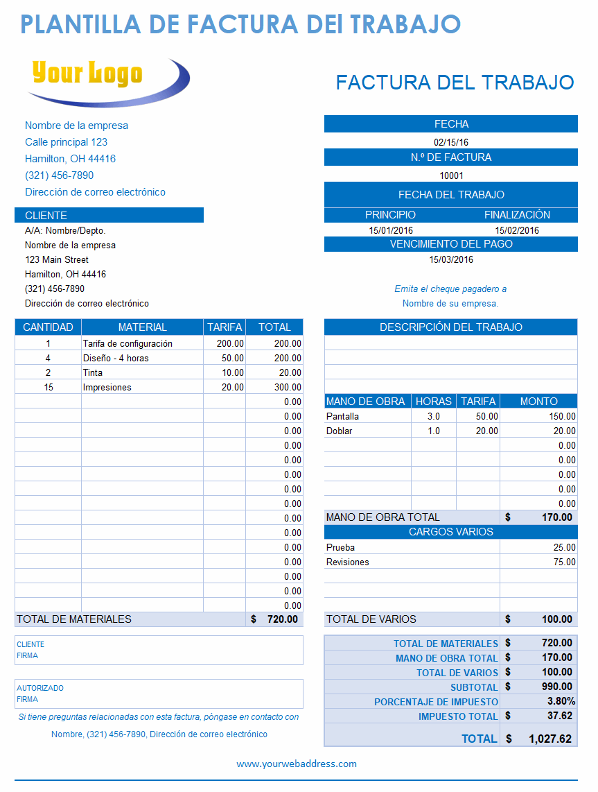 Plantilla de factura de trabajo