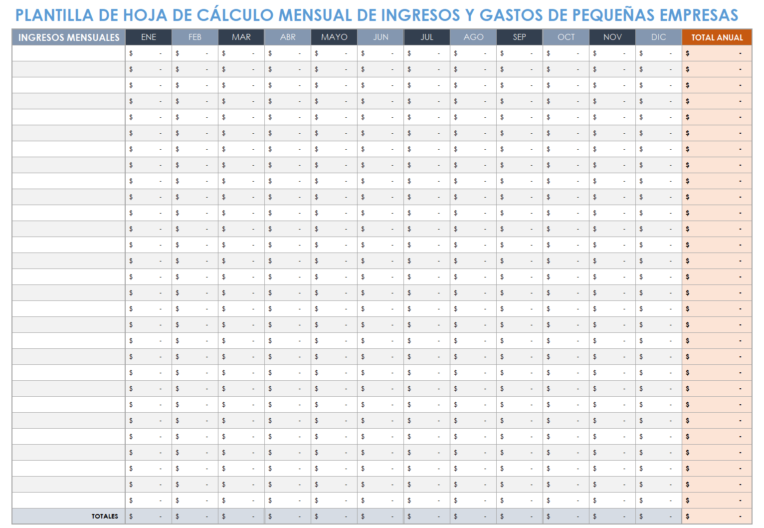 Hoja de trabajo mensual de ingresos y gastos de pequeñas empresas