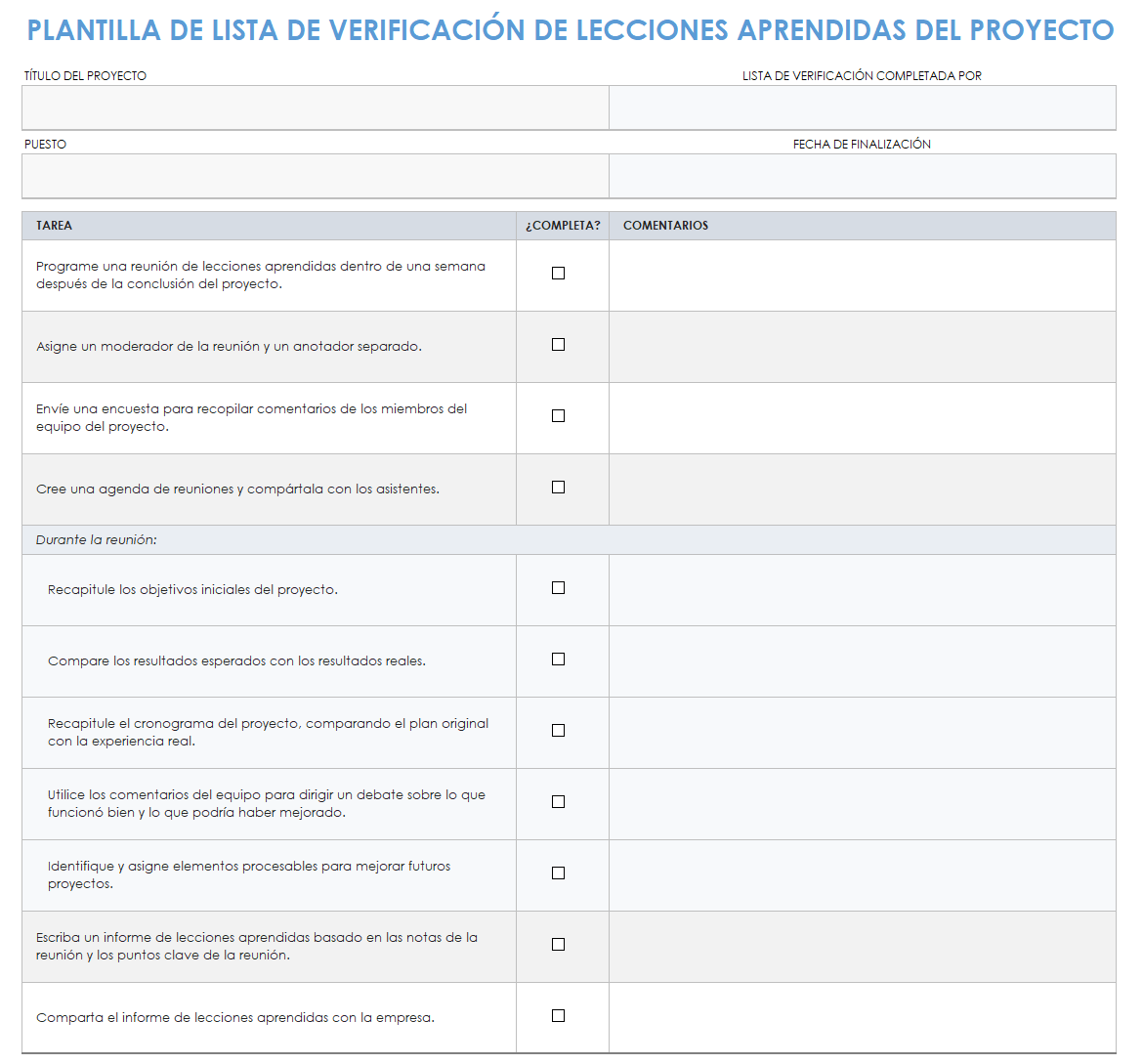 Plantillas Gratuitas De Lecciones Aprendidas Sobre Gestión De Proyectos Smartsheet 1393