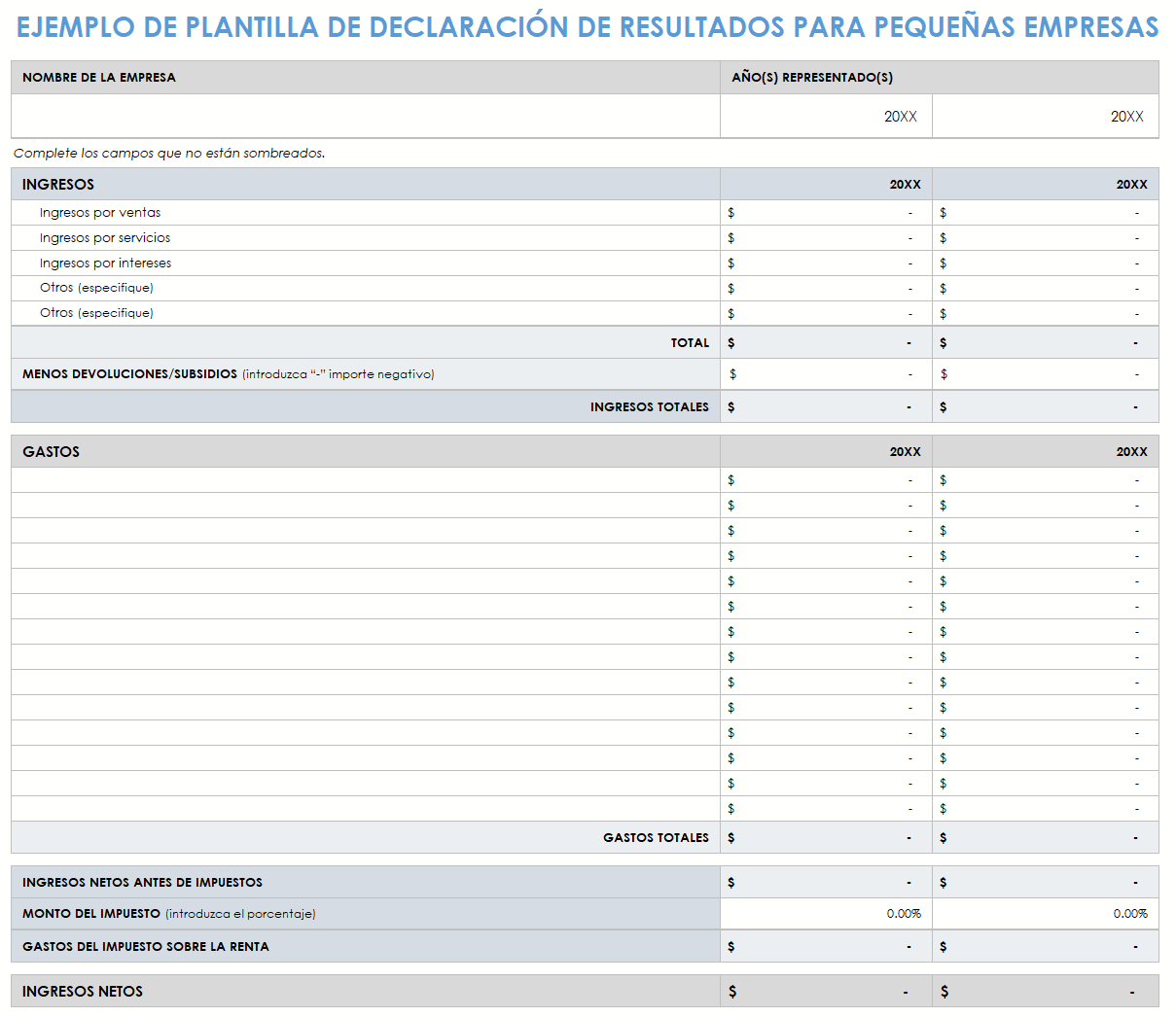 Ejemplo de declaración de ingresos de pequeñas empresas