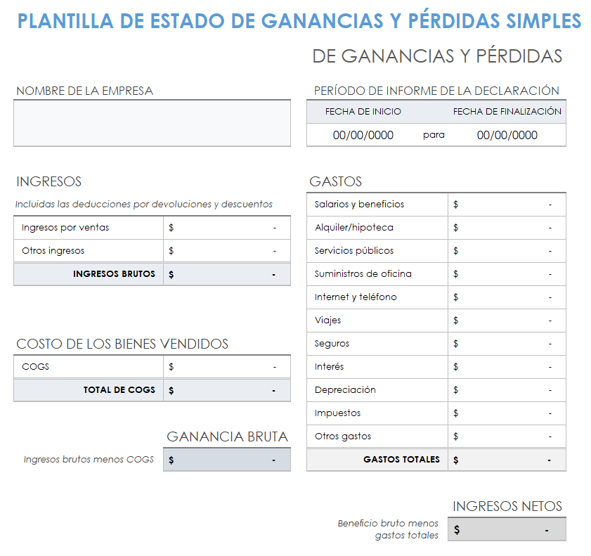 Estado de pérdidas y ganancias sencillo