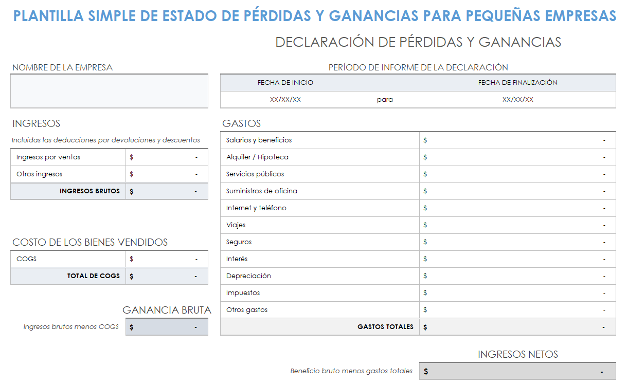 Pérdidas y ganancias simples para pequeñas empresas