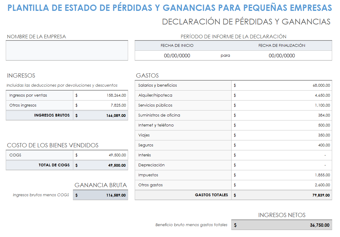 Plantilla de pérdidas y ganancias de pequeñas empresas