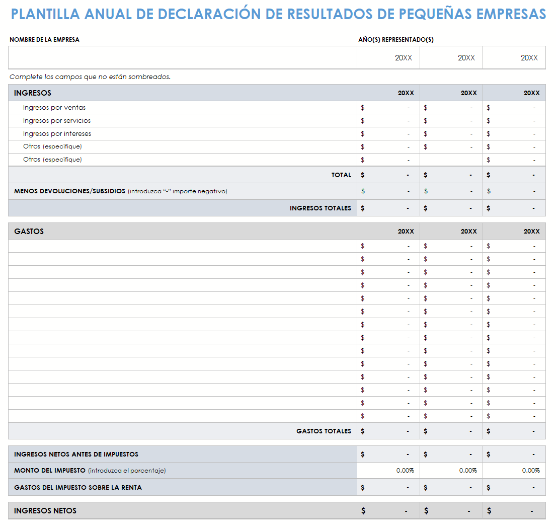 Estado de resultados anual de pequeñas empresas