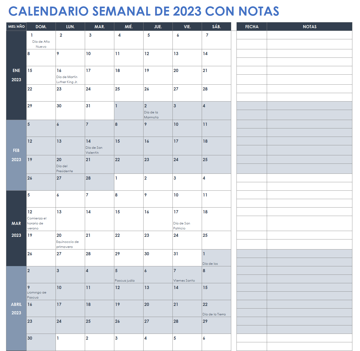  Plantilla de calendario semanal con notas 2023