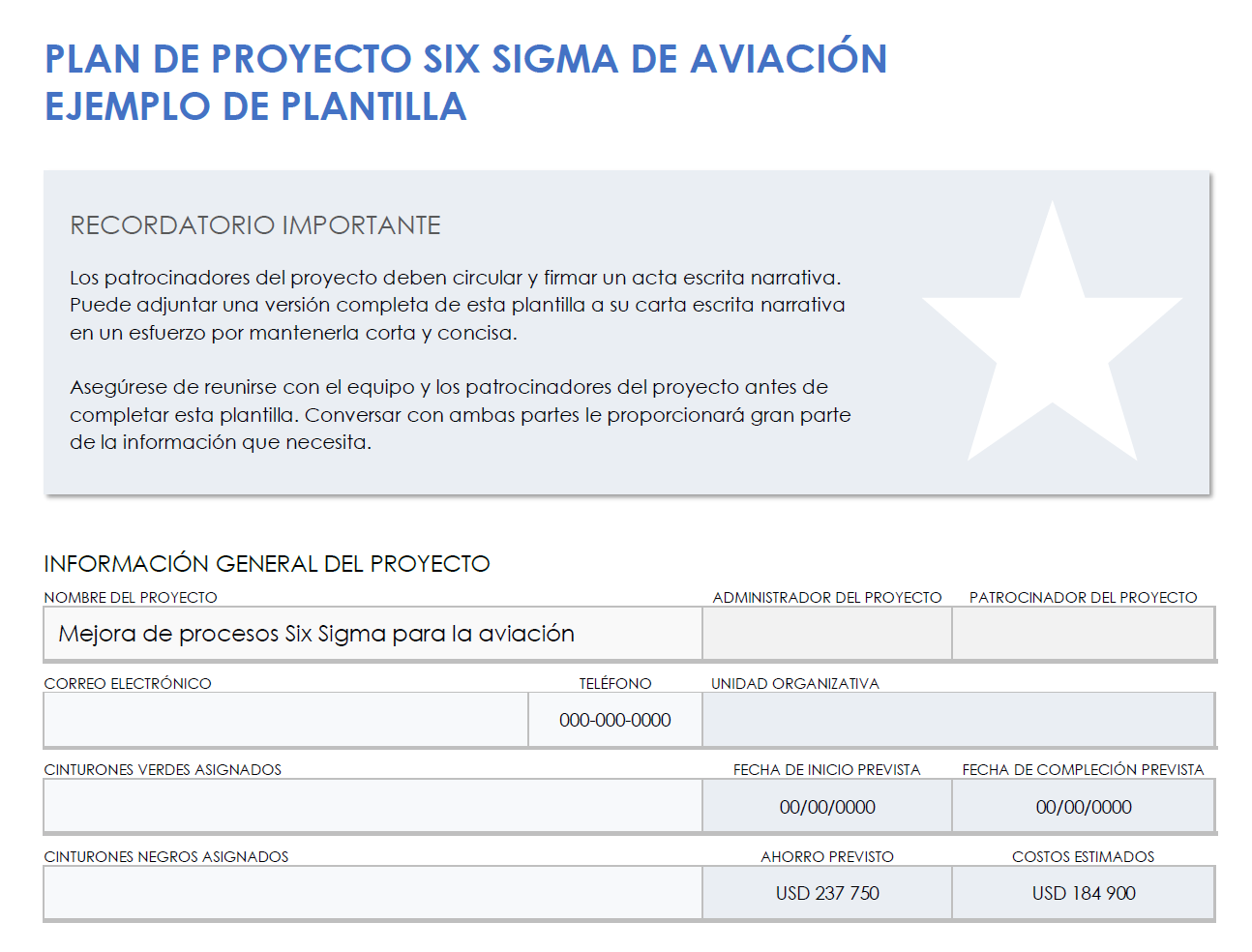 Ejemplo de carta de proyecto de aviación six sigma