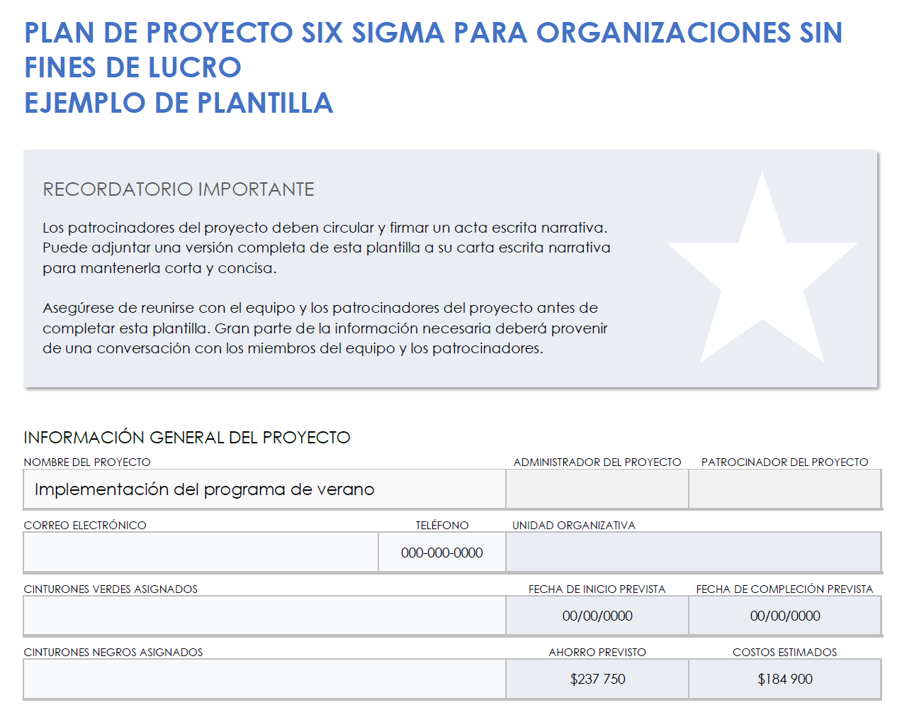 Ejemplo de estatuto de proyecto Six Sigma sin fines de lucro