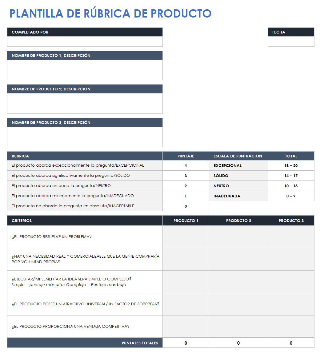  plantilla de rúbrica de producto