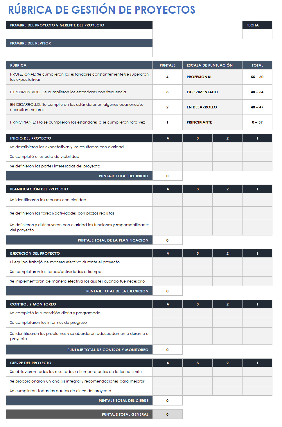 plantilla de rúbrica de gestión de proyectos