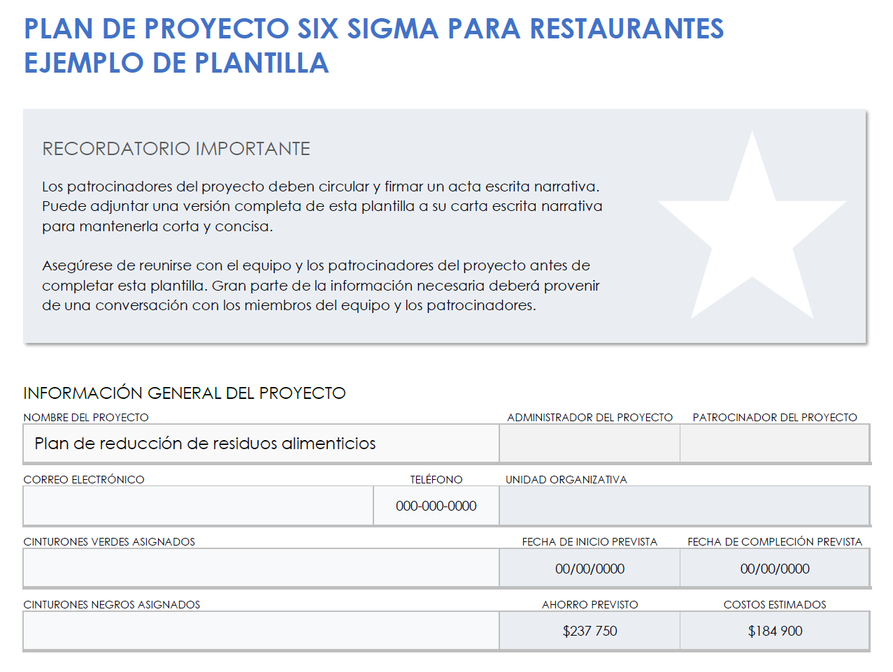 Ejemplo de carta de proyecto de restaurante Six Sigma