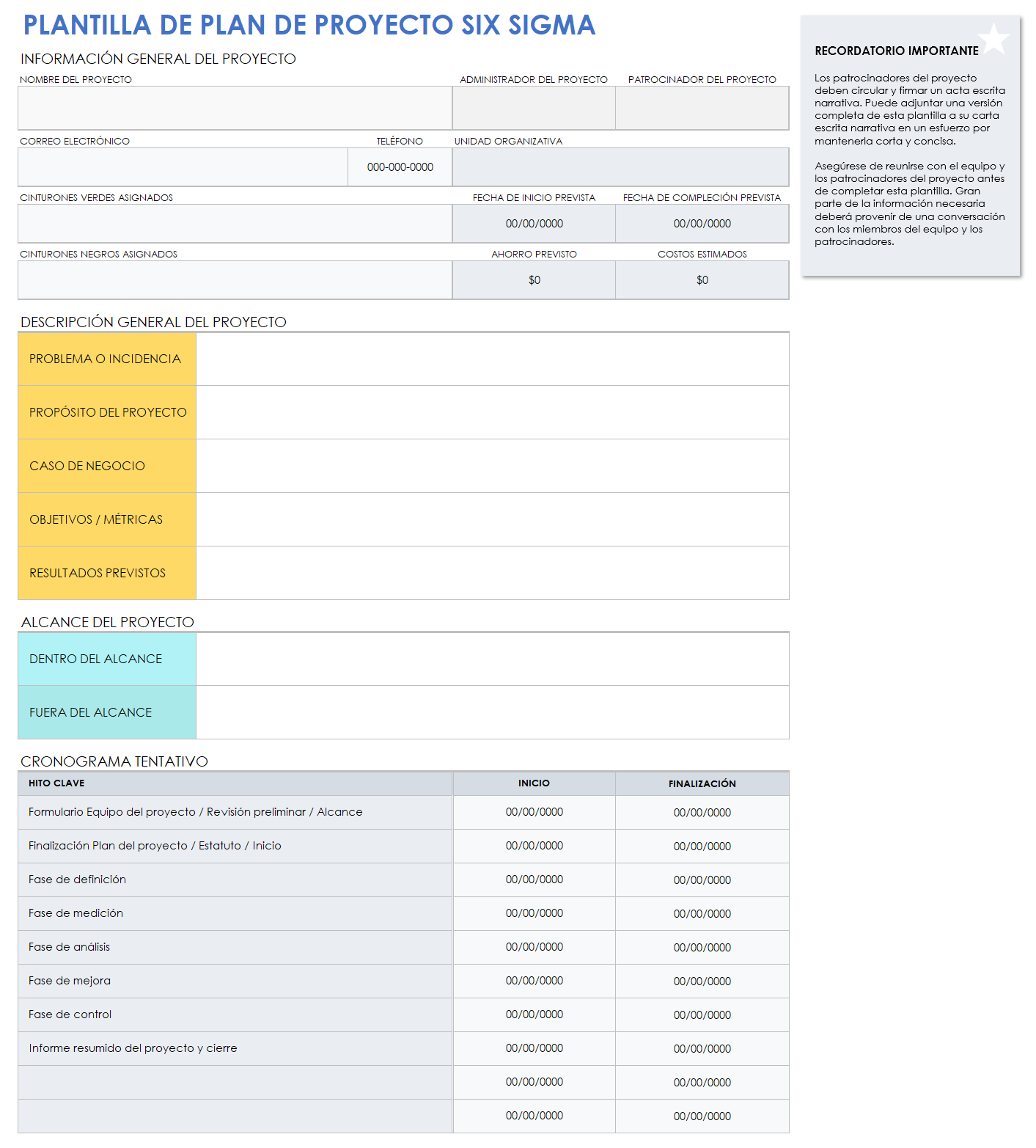 Carta del proyecto six sigma en blanco