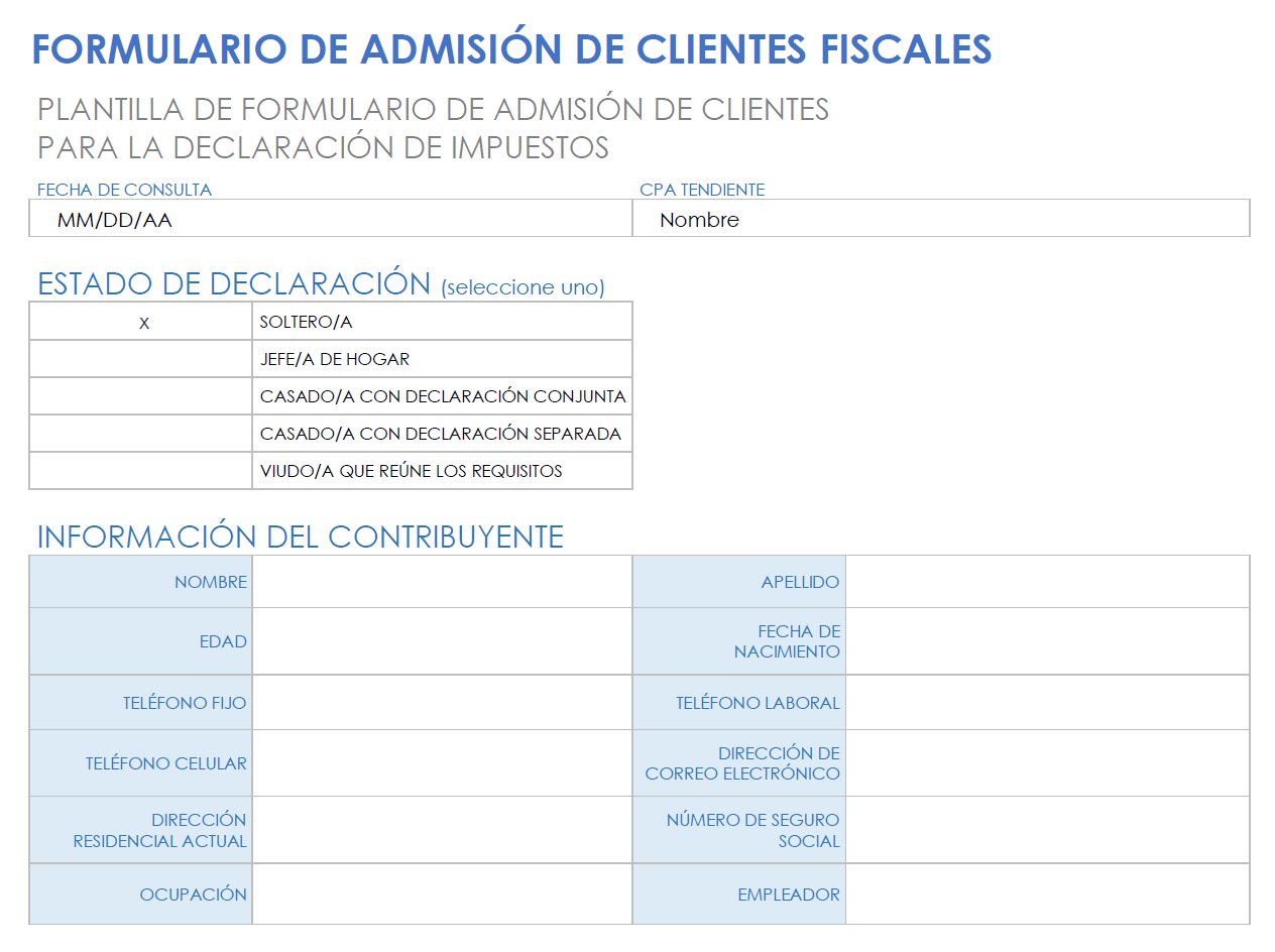 Formulario de admisión de clientes de impuestos