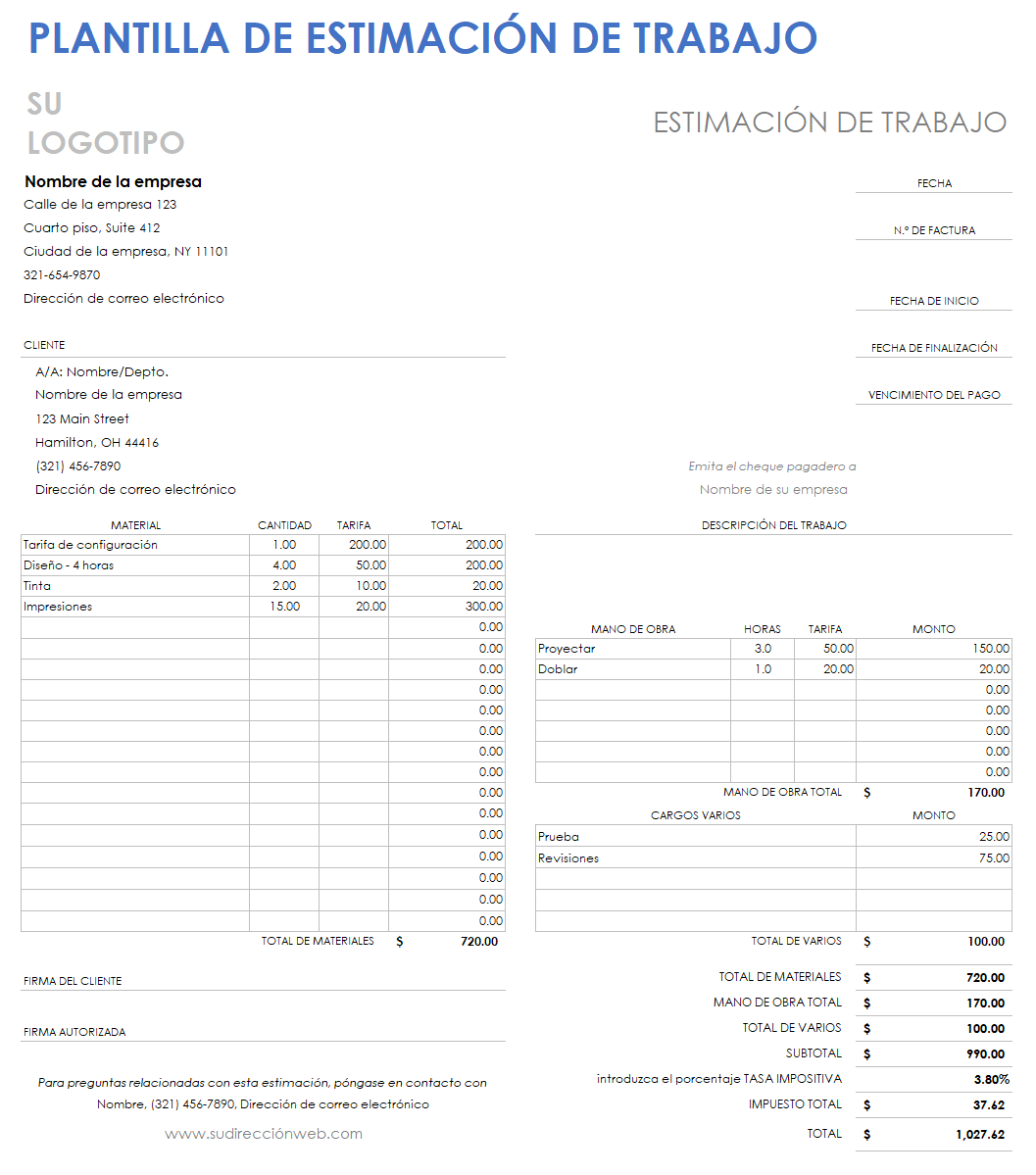 Plantilla de estimación de trabajo