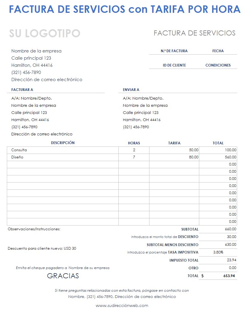 Plantilla de factura de servicio con tarifa por hora