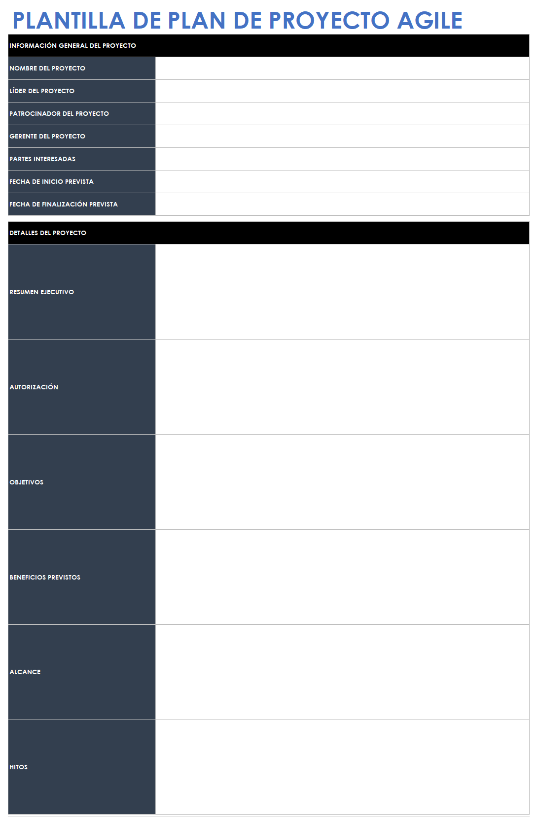 Plantilla de carta de proyecto ágil Google Sheets