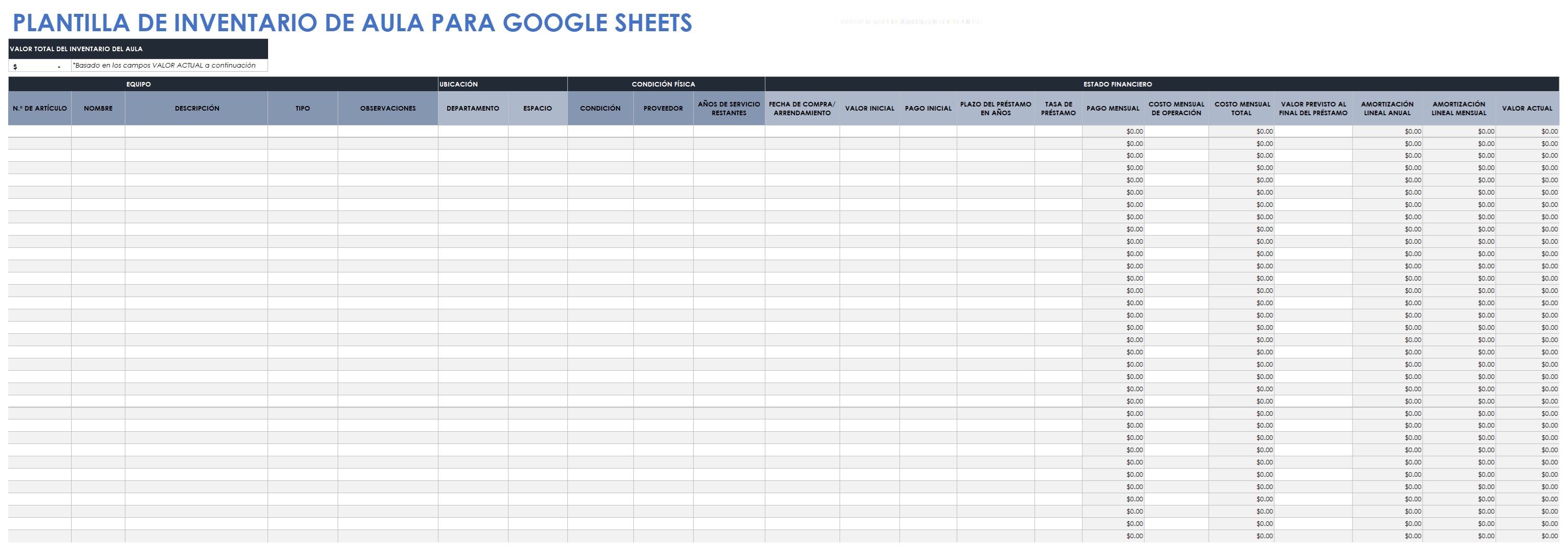  Plantilla de inventario de aula de Google Sheets