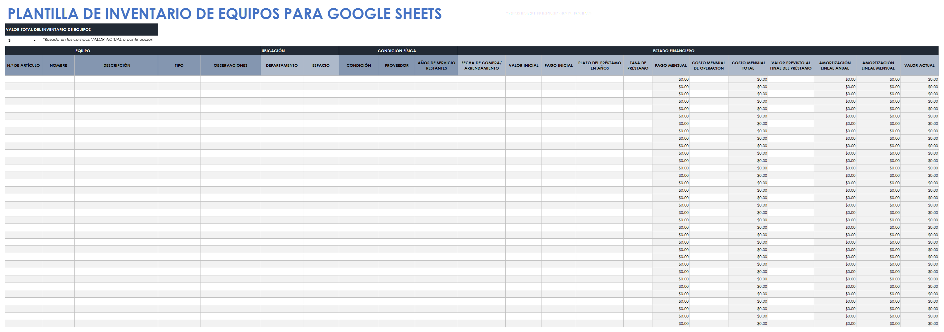  Plantilla de inventario de equipos de Google Sheets