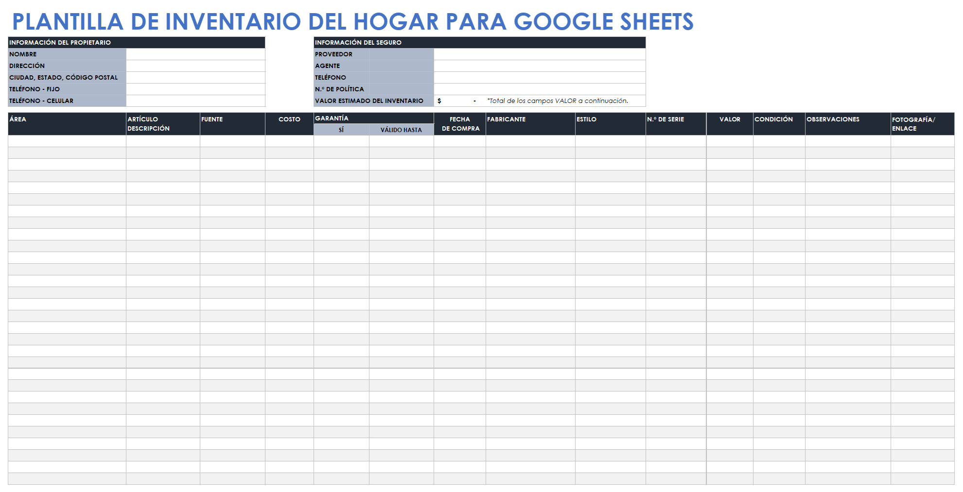  Plantilla de inventario de inicio de Google Sheets