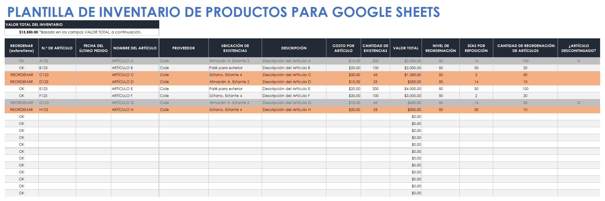  Plantilla de inventario de productos de Google Sheets