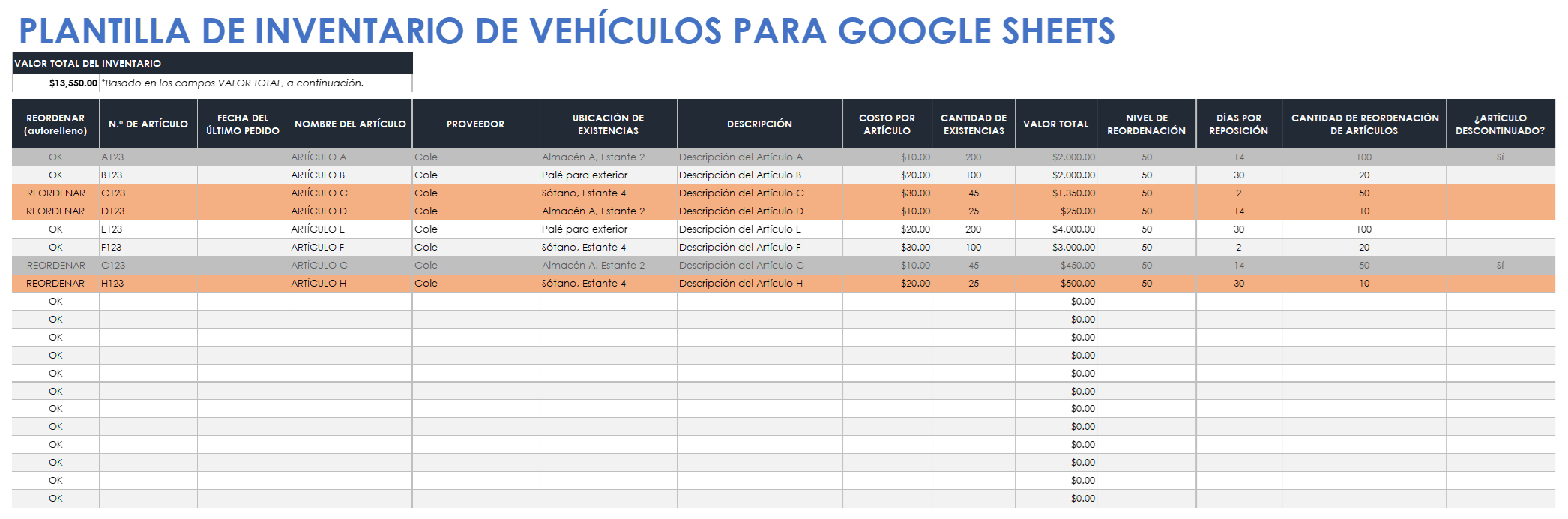  Plantilla de inventario de vehículos de Google Sheets