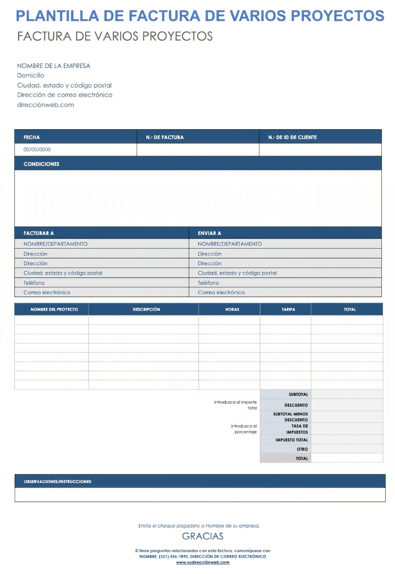  Plantilla de factura para múltiples proyectos Google Doc