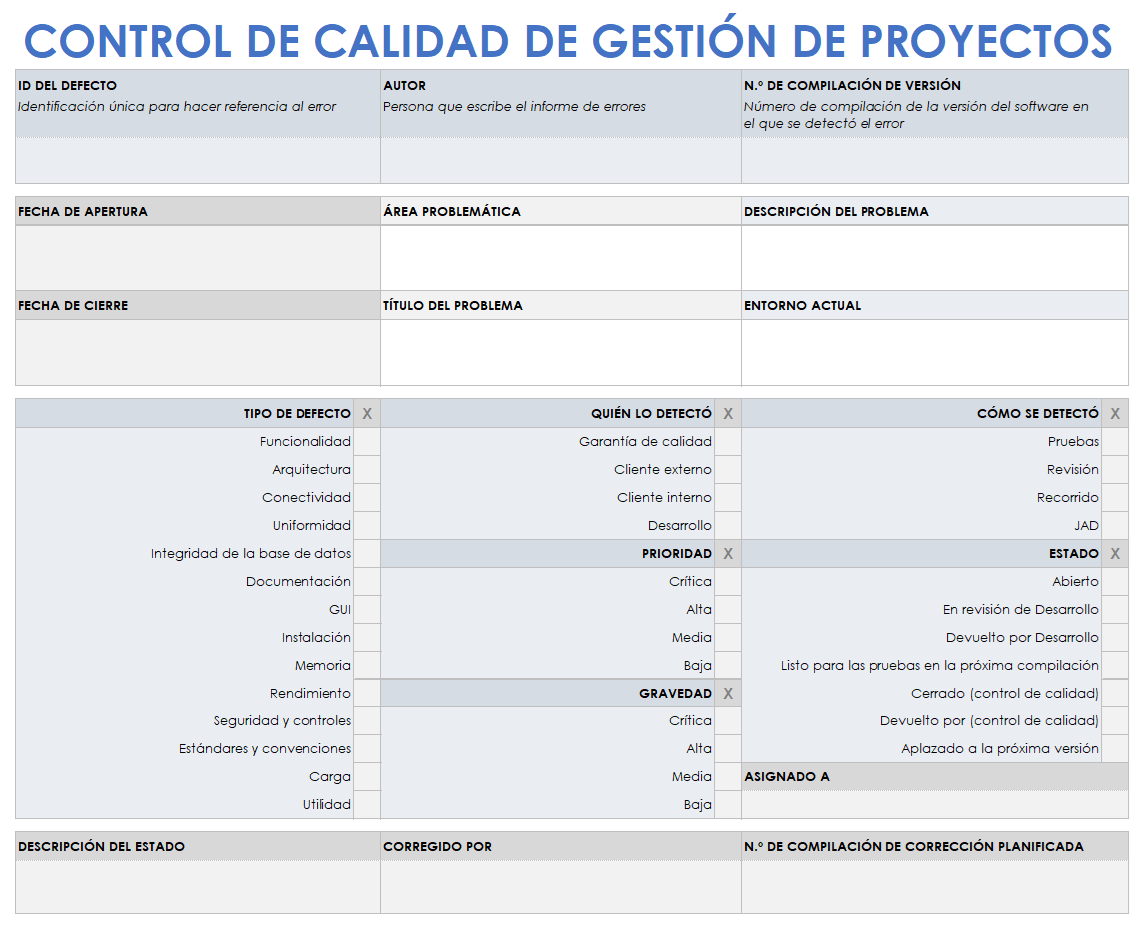  Hoja de Google de plantilla de control de calidad de gestión de proyectos