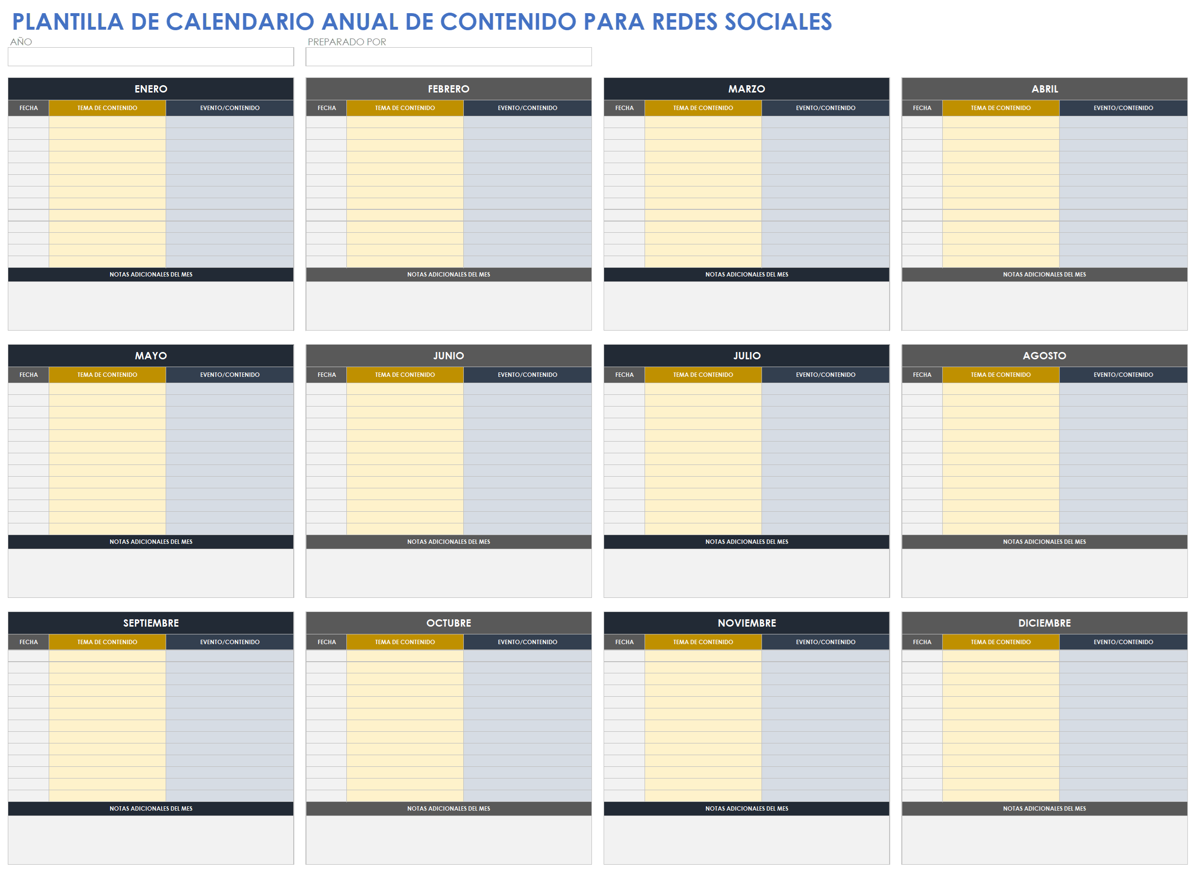 Plantilla de calendario anual de contenido de redes sociales