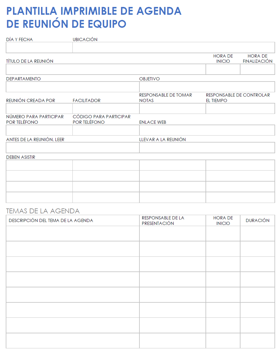 Agenda de reunión de equipo imprimible