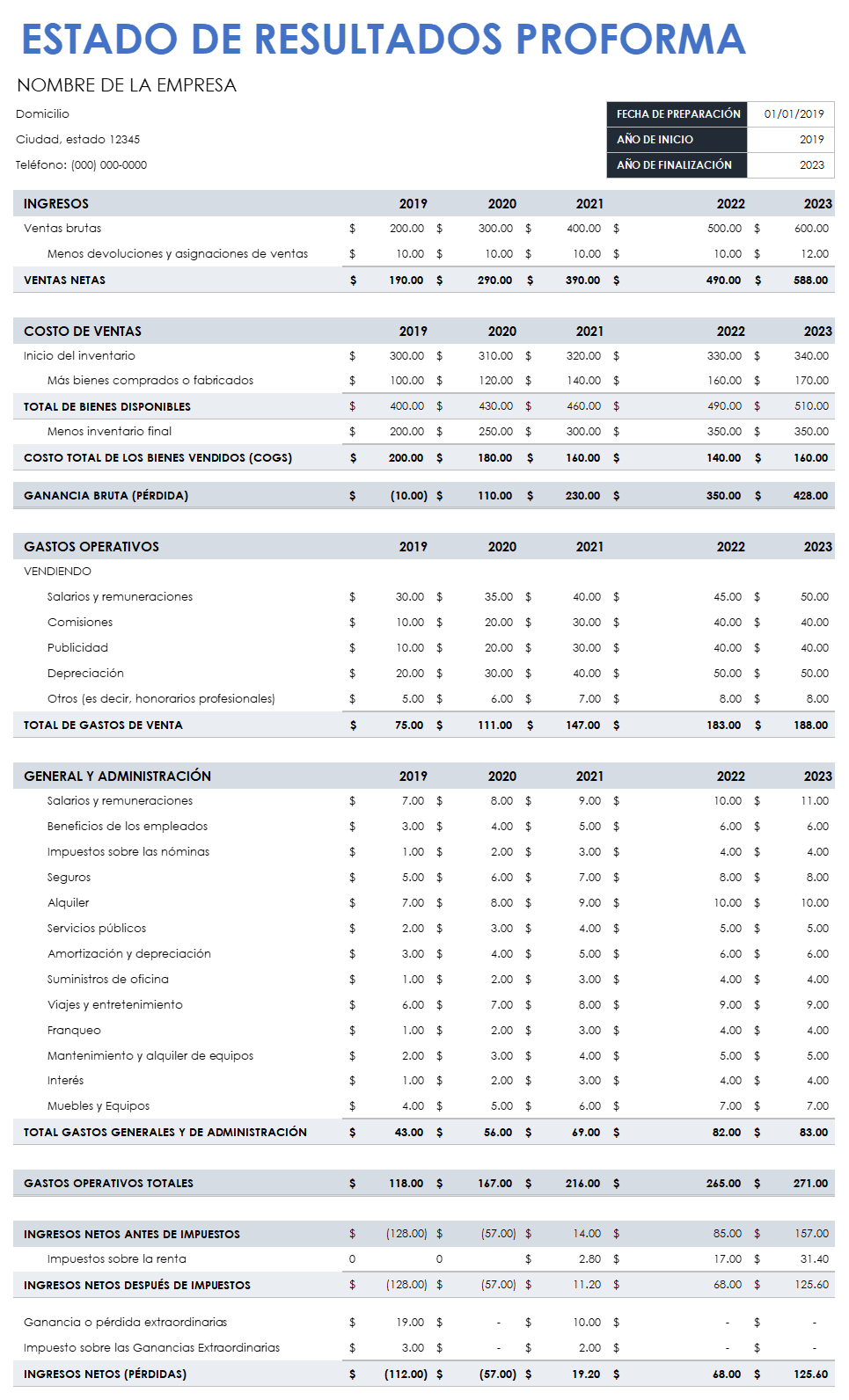 Plantilla de declaración de ingresos pro forma