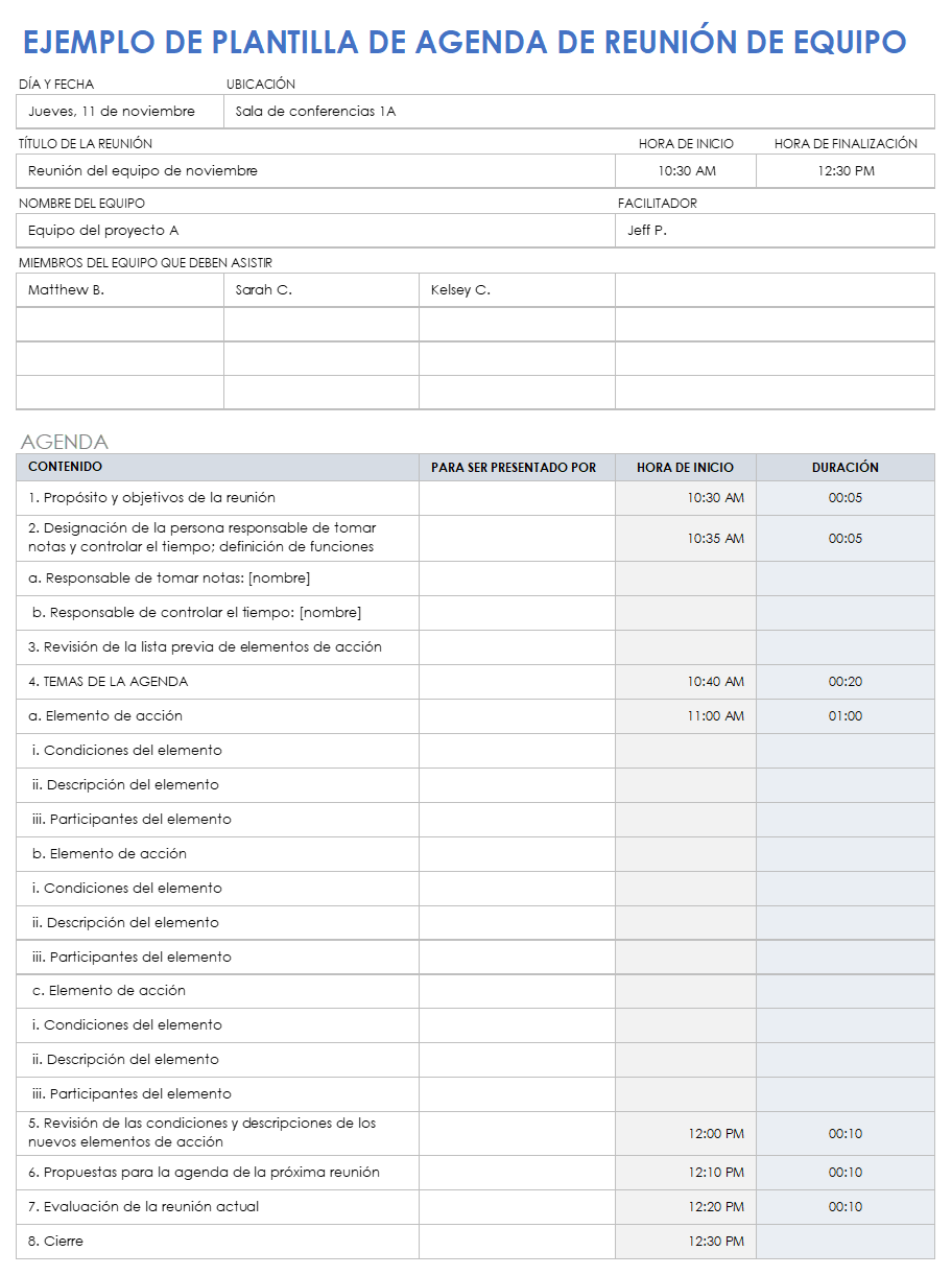 Ejemplo de agenda de reunión de equipo