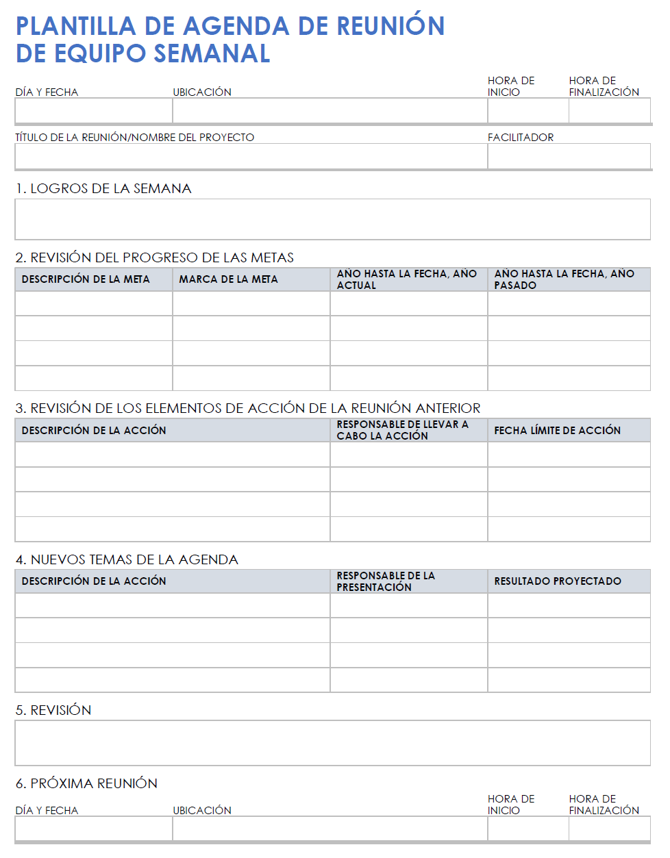 Agenda de la reunión semanal del equipo