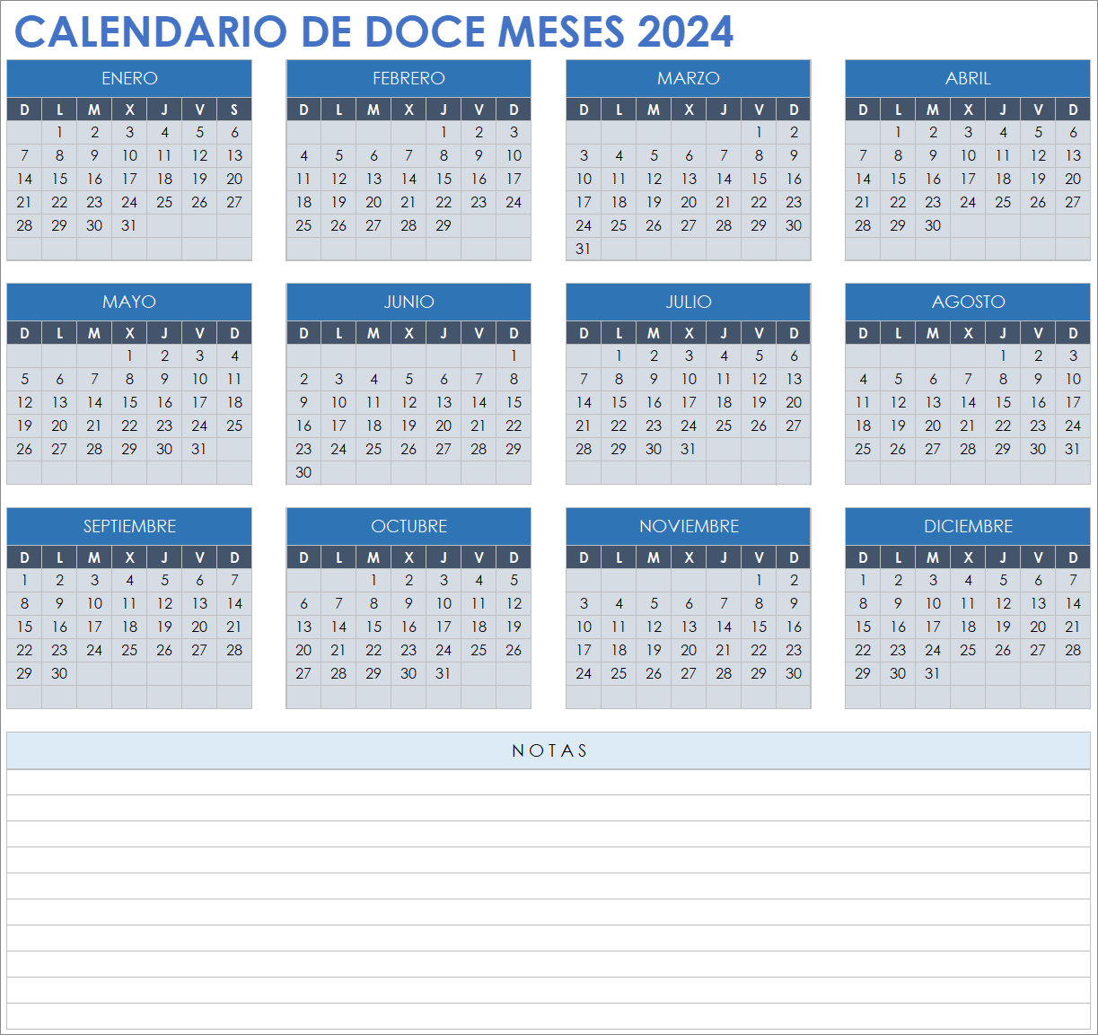  Plantilla de calendario de 12 meses 2024