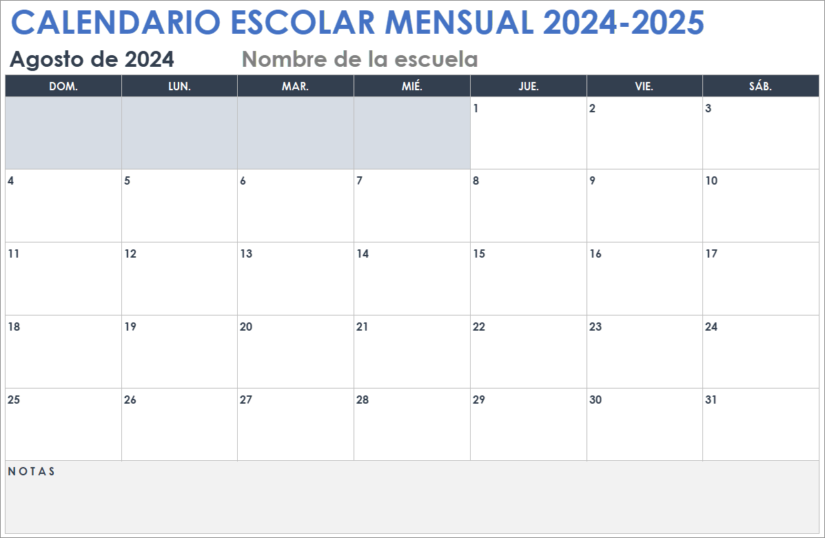  Plantilla de calendario escolar mensual 2024-2025