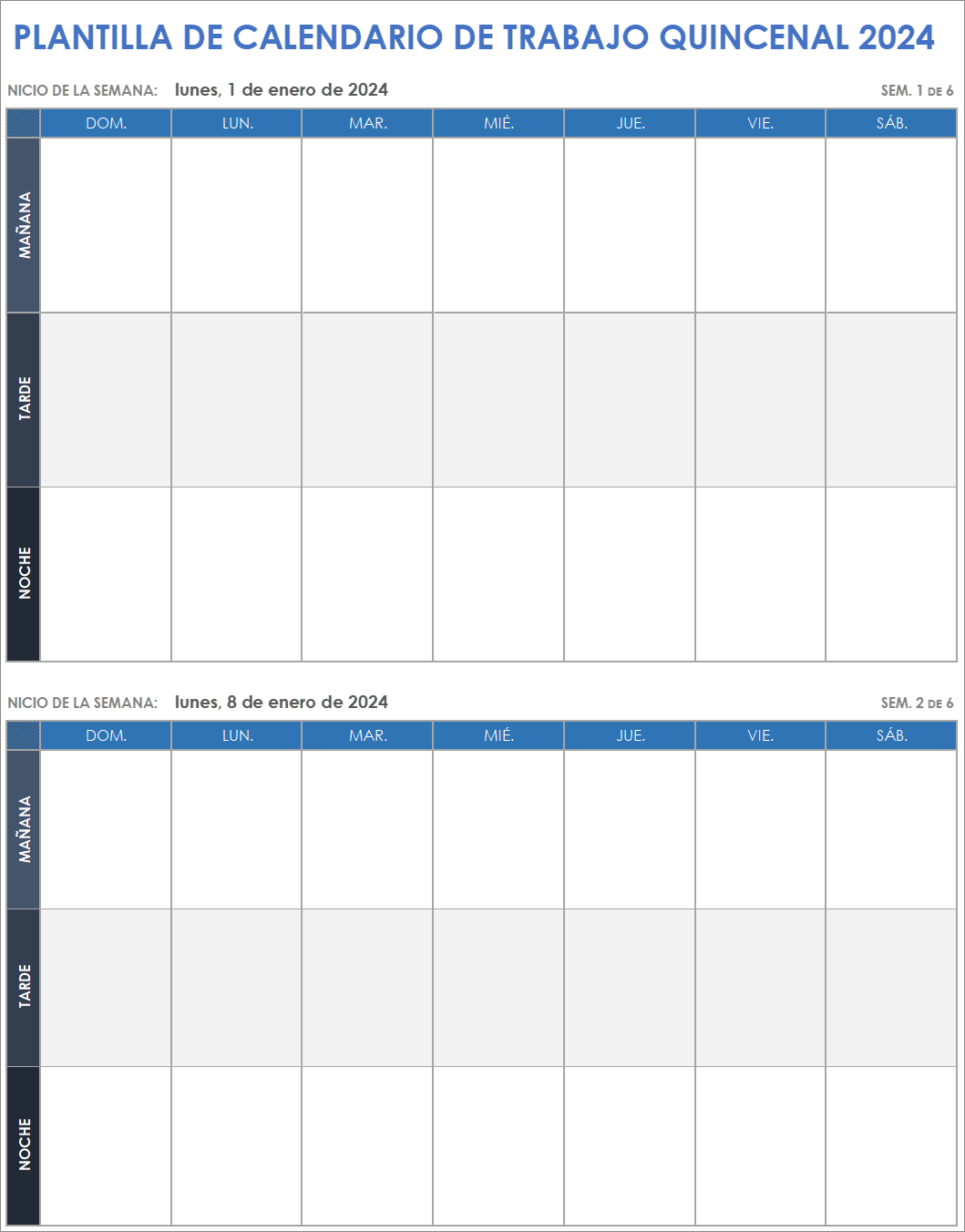  Plantilla de calendario de trabajo quincenal 2024