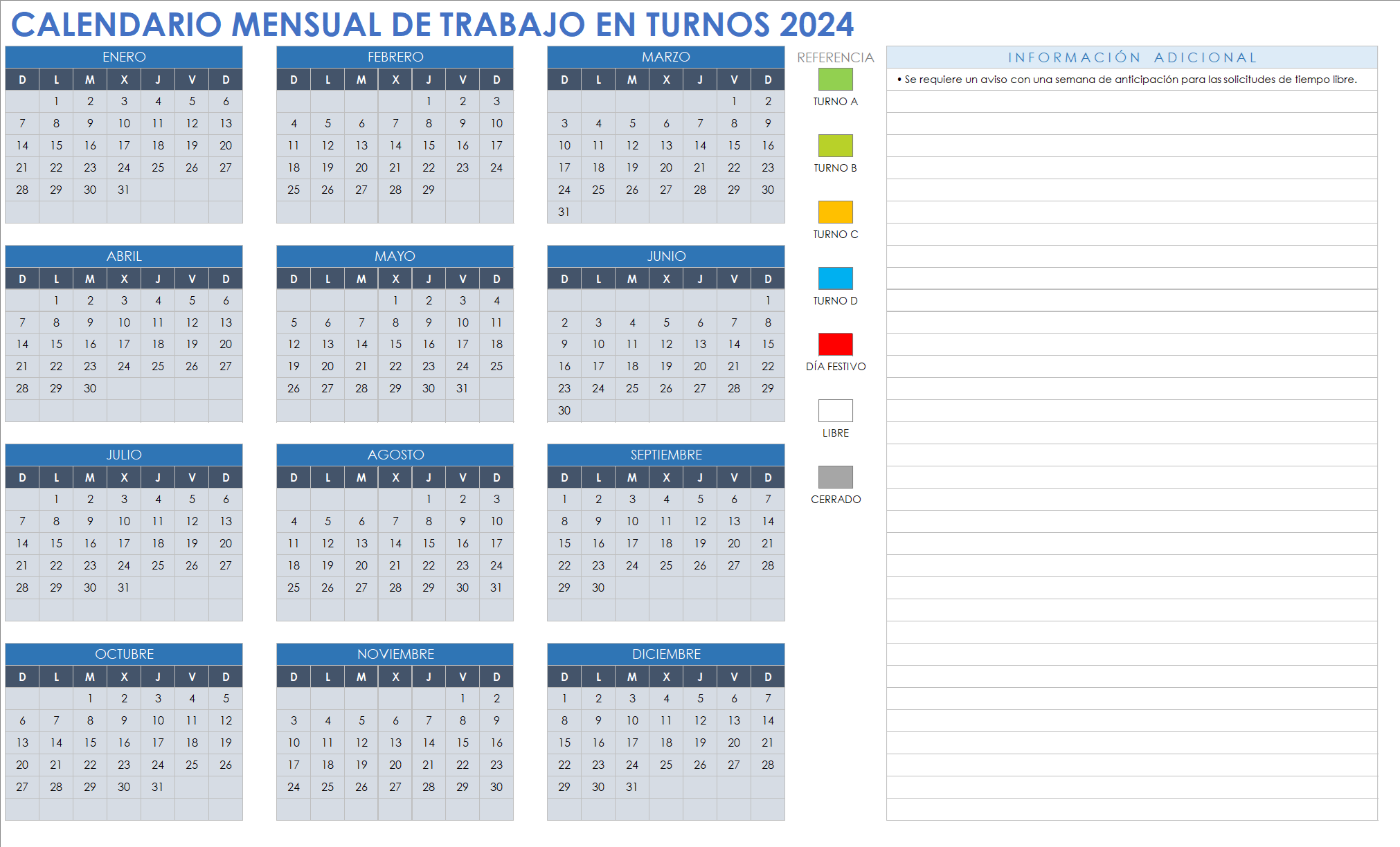  Plantilla de calendario de trabajo por turnos mensuales 2024