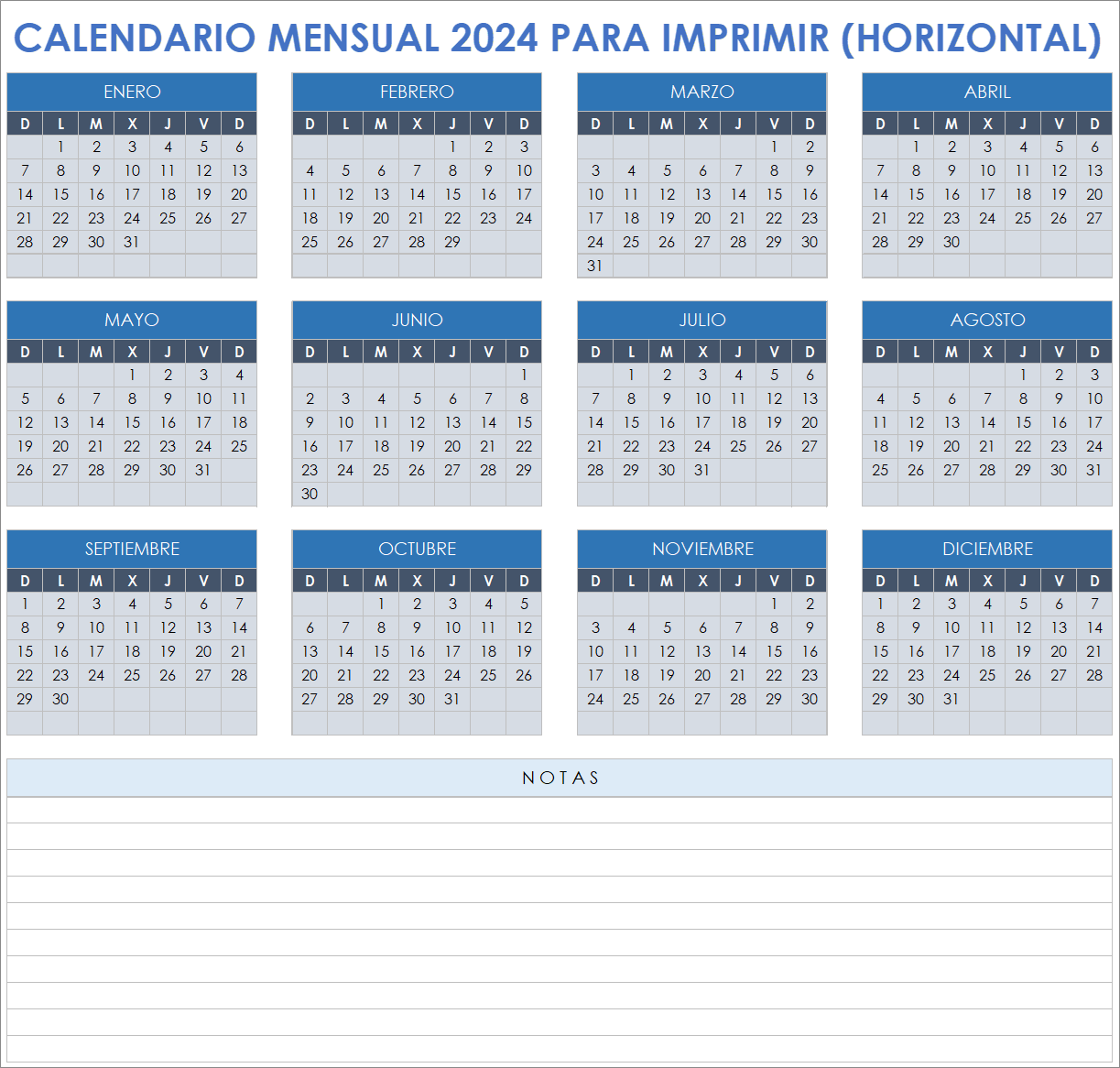  Plantilla horizontal de calendario mensual imprimible 2024