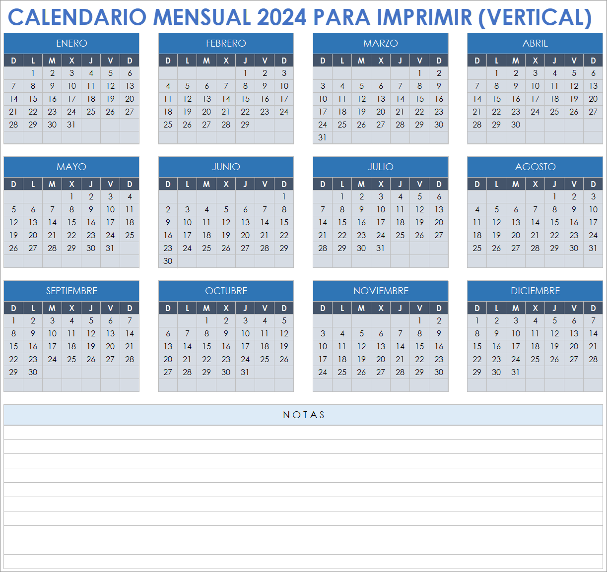  Plantilla de retrato de calendario mensual imprimible 2024