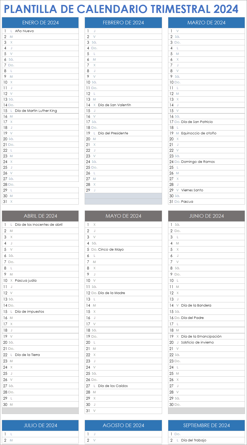  Plantilla de calendario trimestral 2024