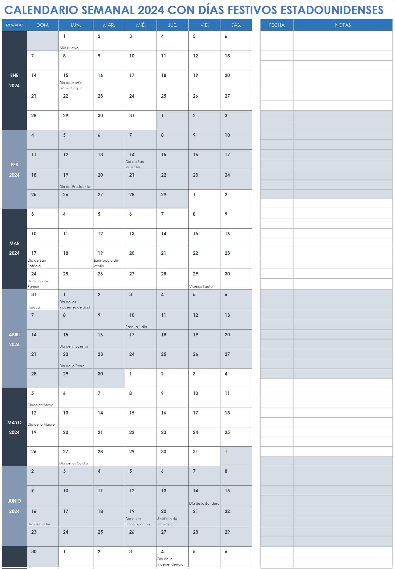  Calendario semanal 2024 con feriados en EE. UU.