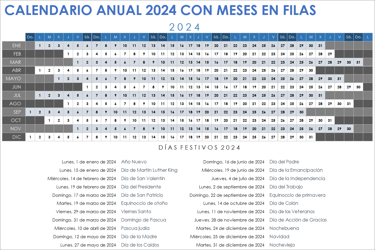  Plantilla de calendario anual 2024 con meses en filas