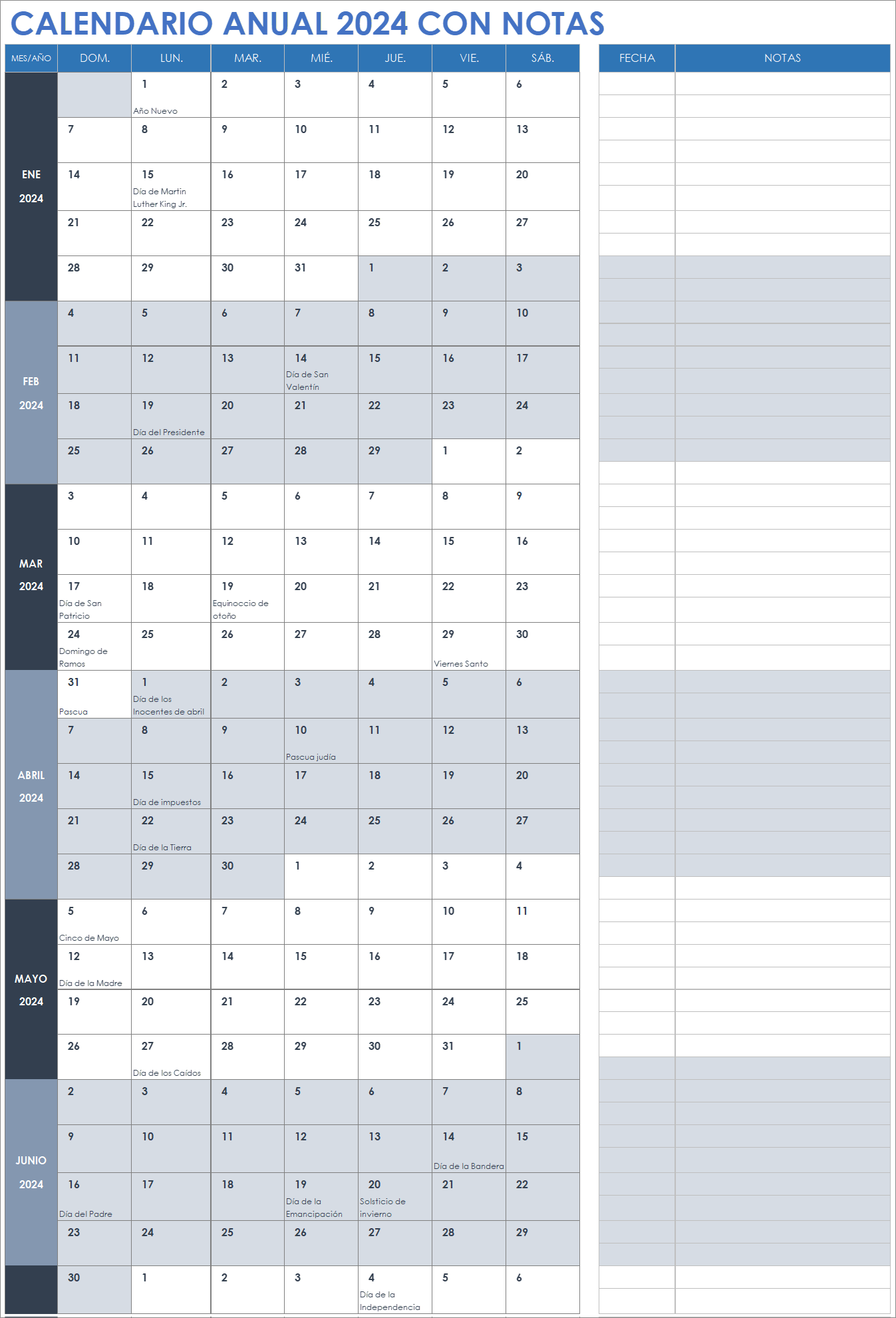  Plantilla de calendario anual 2024 con notas