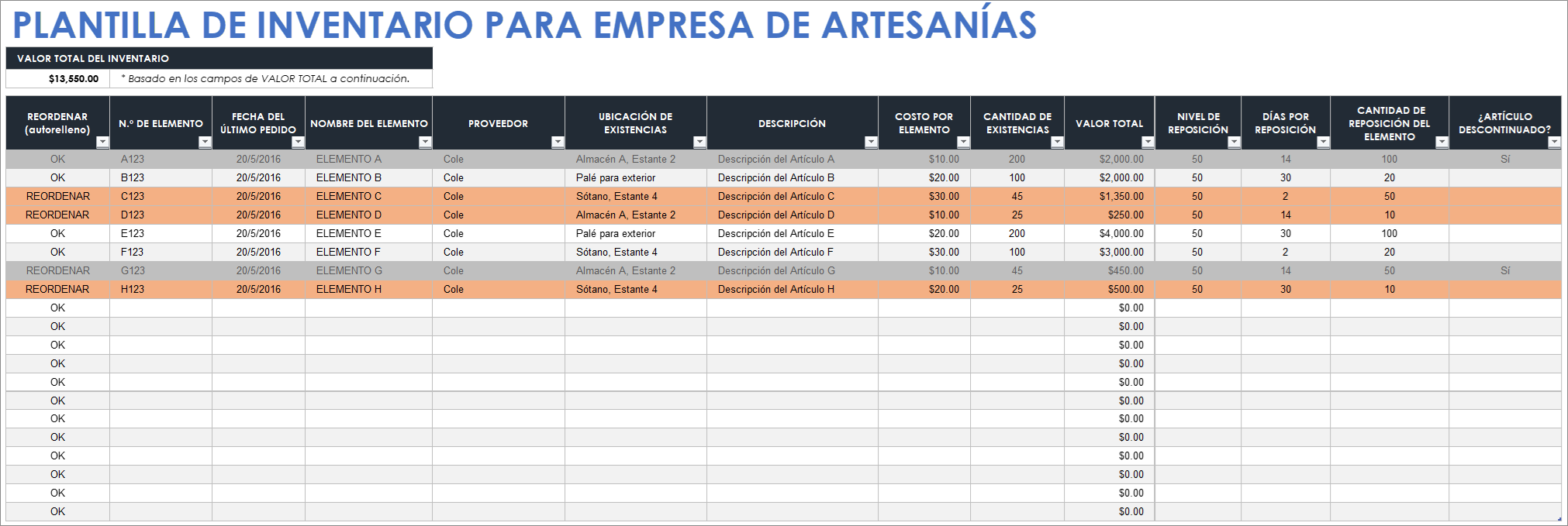  Plantilla de inventario de negocios artesanales