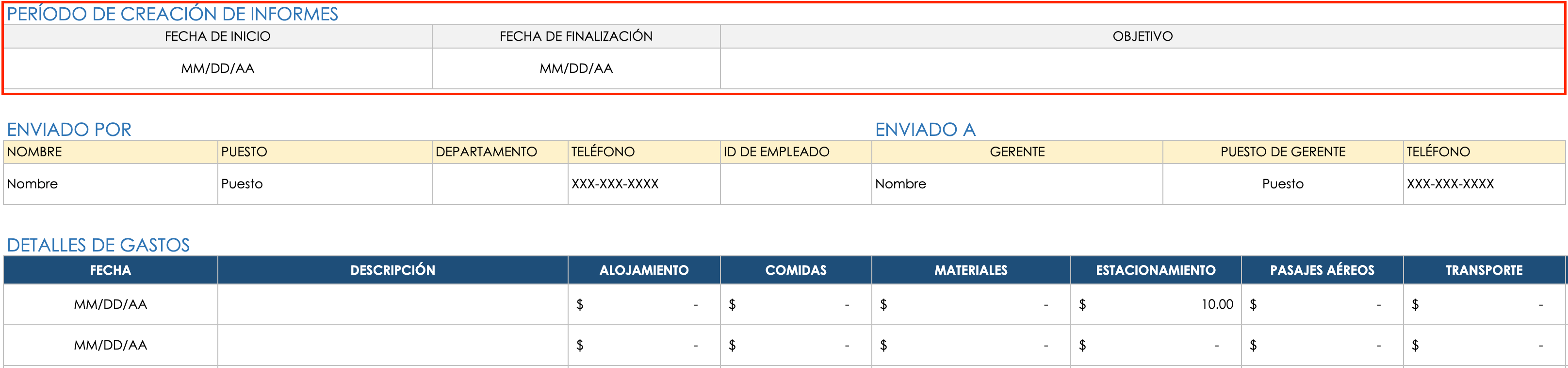 Detalles del período de informe de gastos